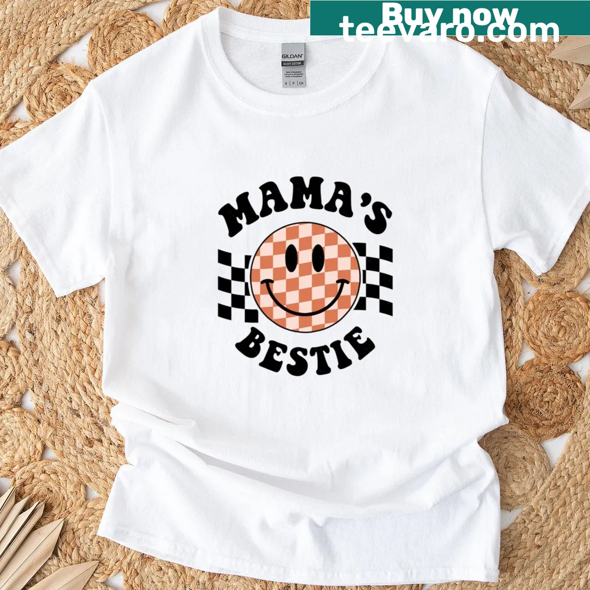 Retro t-shirt with checkered smiley face design — on a men's t-shirt