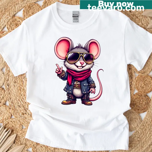 Cartoon mouse dressed as a rockstar on a fun t-shirt