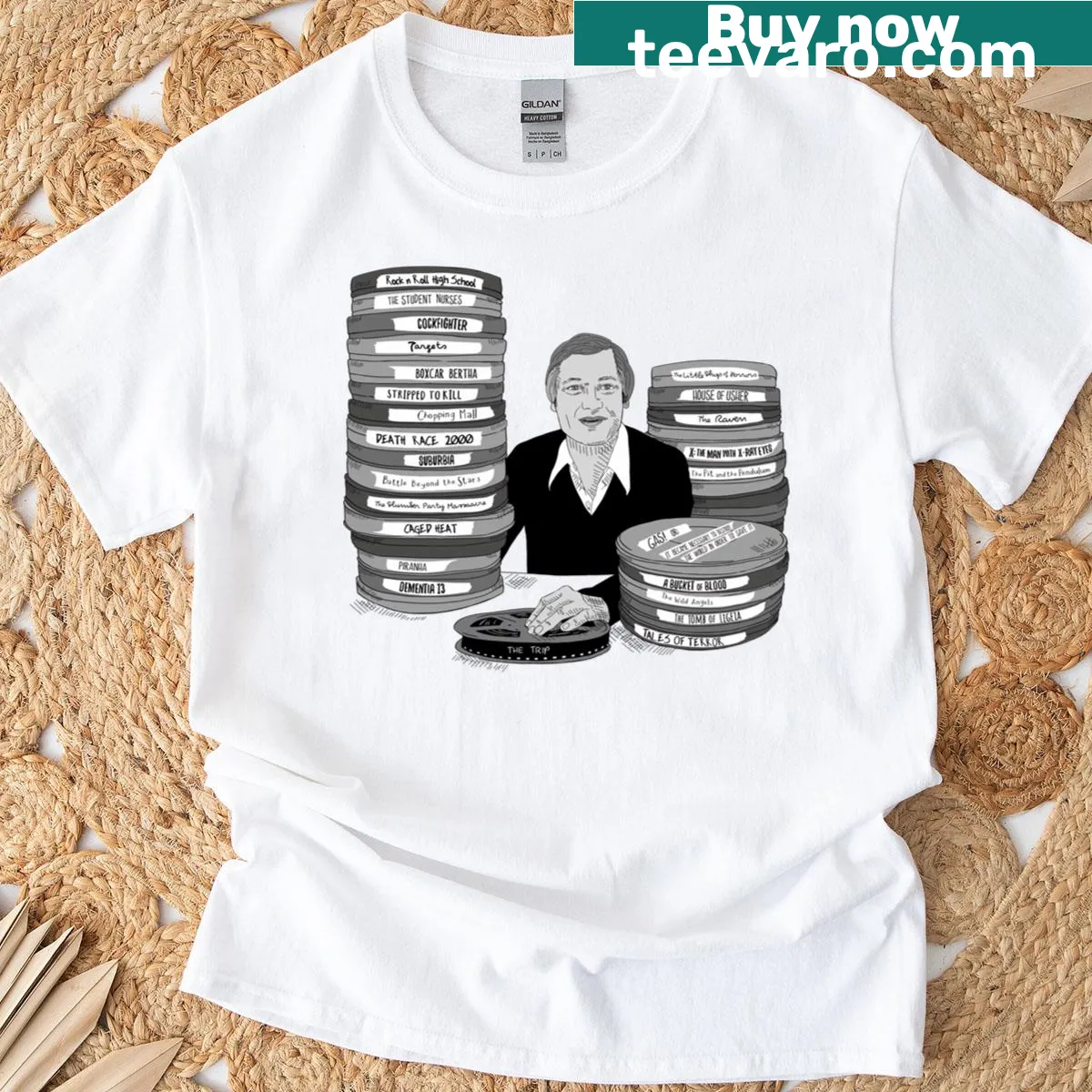 Tribute T-shirt celebrating Roger Corman with artistic film-inspired design — on a men's t-shirt