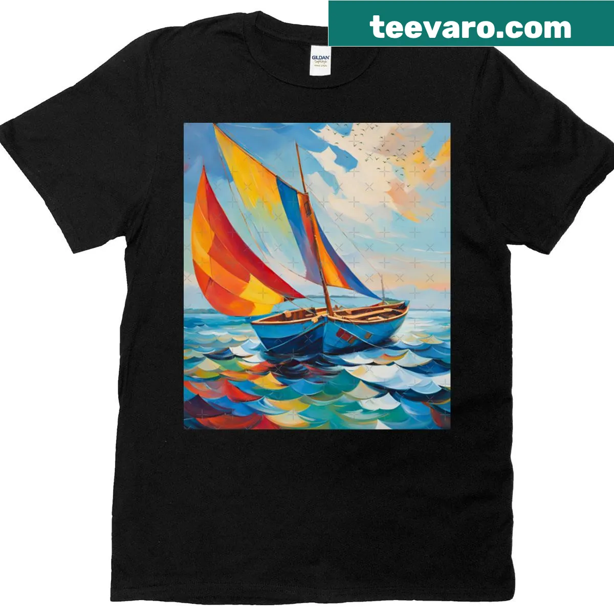 Modern abstract sailboat T-shirt with a playful design — on a men's t-shirt
