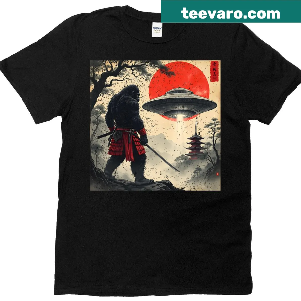 Vintage graphic t-shirt featuring samurai and Bigfoot in UFO — on a men's t-shirt
