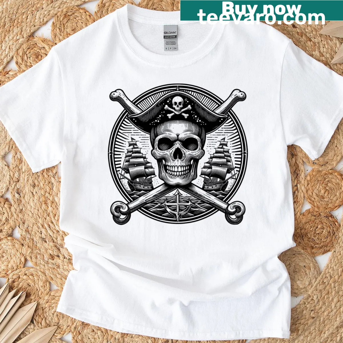 Skull and crossbones Jolly Roger graphic on a T-shirt — on a men's t-shirt