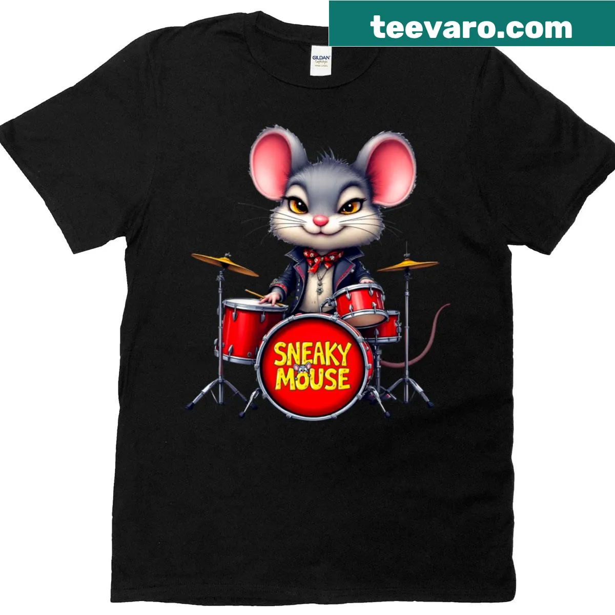 Cartoon Sneaky Mouse Band Drummer T-shirt with humorous design — on a men's t-shirt
