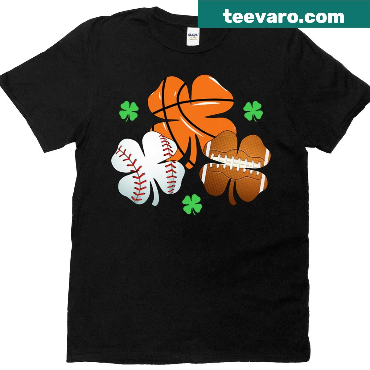 Shamrock-themed St Patricks Day sports t-shirt with basketball and baseball design — on a men's t-shirt