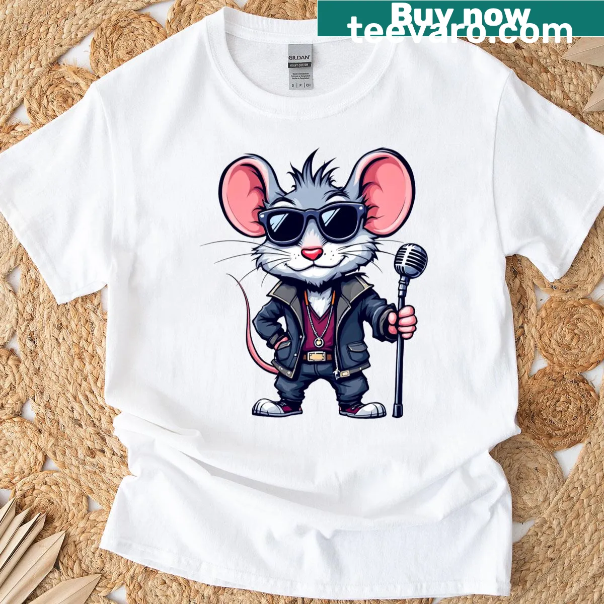 Cartoon mouse rockstar graphic shirt for music lovers — on a men's t-shirt