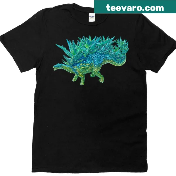 Playful t-shirt with a stegosaurus surrounded by succulents