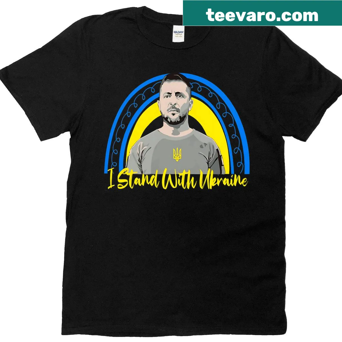 I Stand With Ukraine graphic t-shirt supporting Zelensky — on a men's t-shirt