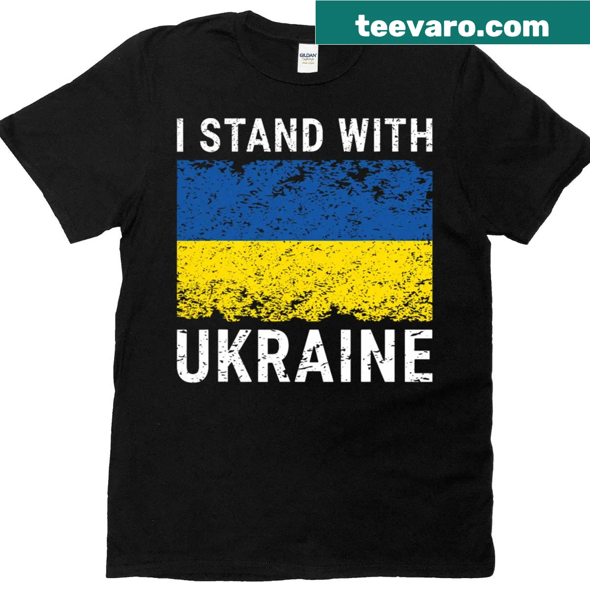 Ukrainian flag with I Stand With Ukraine text t-shirt — on a men's t-shirt