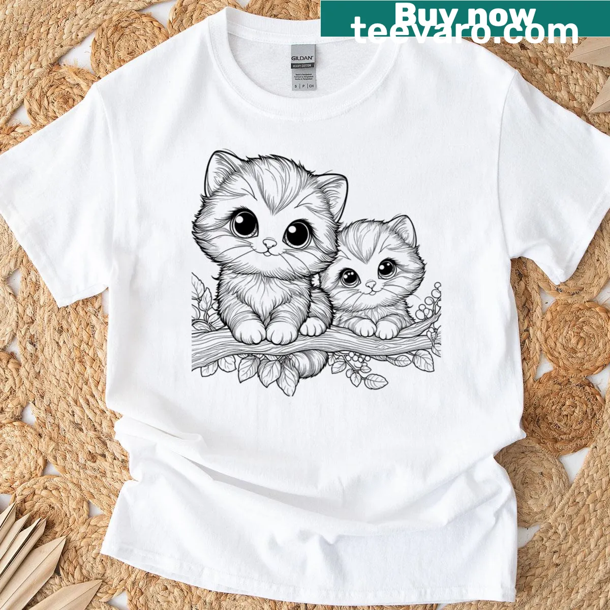 Illustrative T-shirt featuring playful kittens — on a men's t-shirt