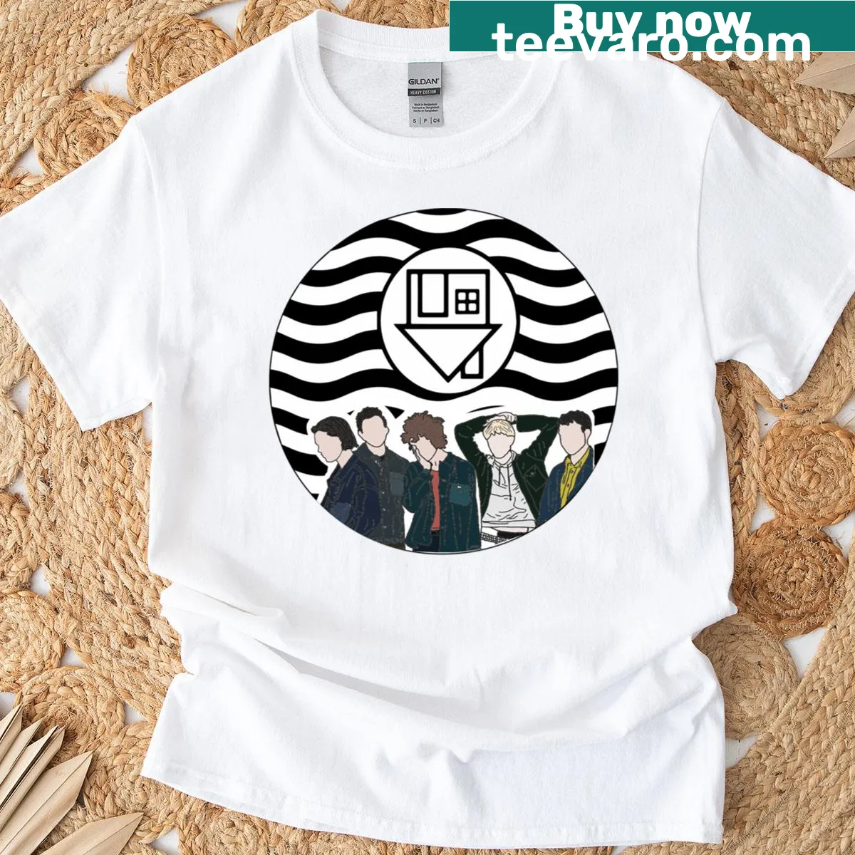 Illustrated T-shirt depicting a charming neighborhood scene — on a men's t-shirt