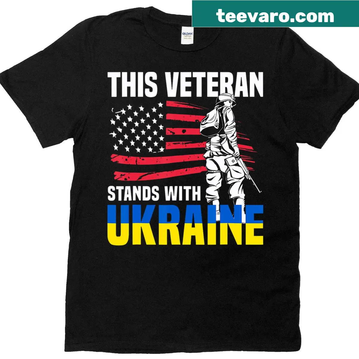 Veteran support T-shirt with phrase Stands With Ukraine — on a men's t-shirt