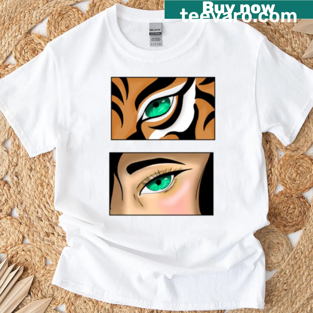 Illustrative T-shirt featuring a woman with a tiger — on a men's t-shirt