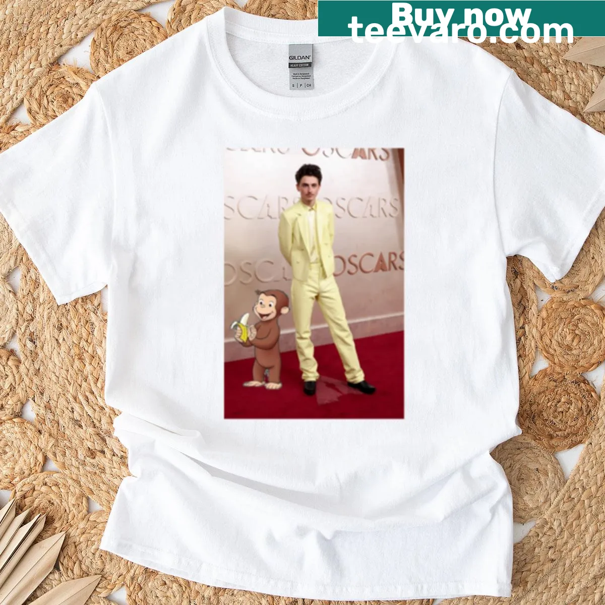 T-shirt featuring Timothee Chalamet as the Man With The Yellow Hat — on a men's t-shirt