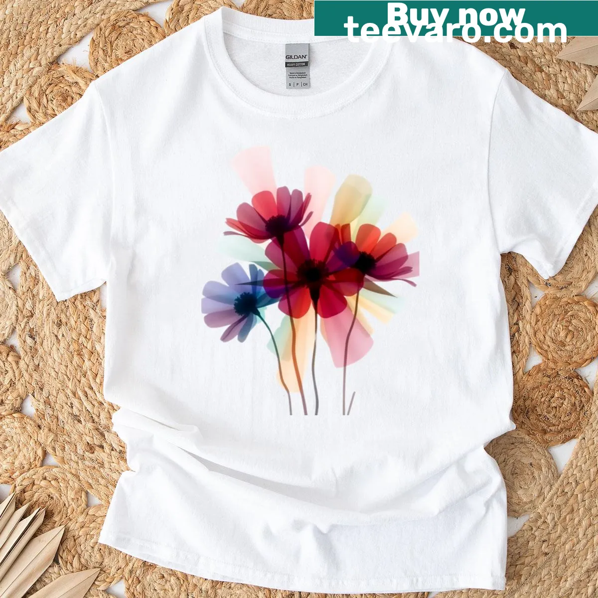 Minimalist floral design t-shirt with transparent flowers — on a men's t-shirt