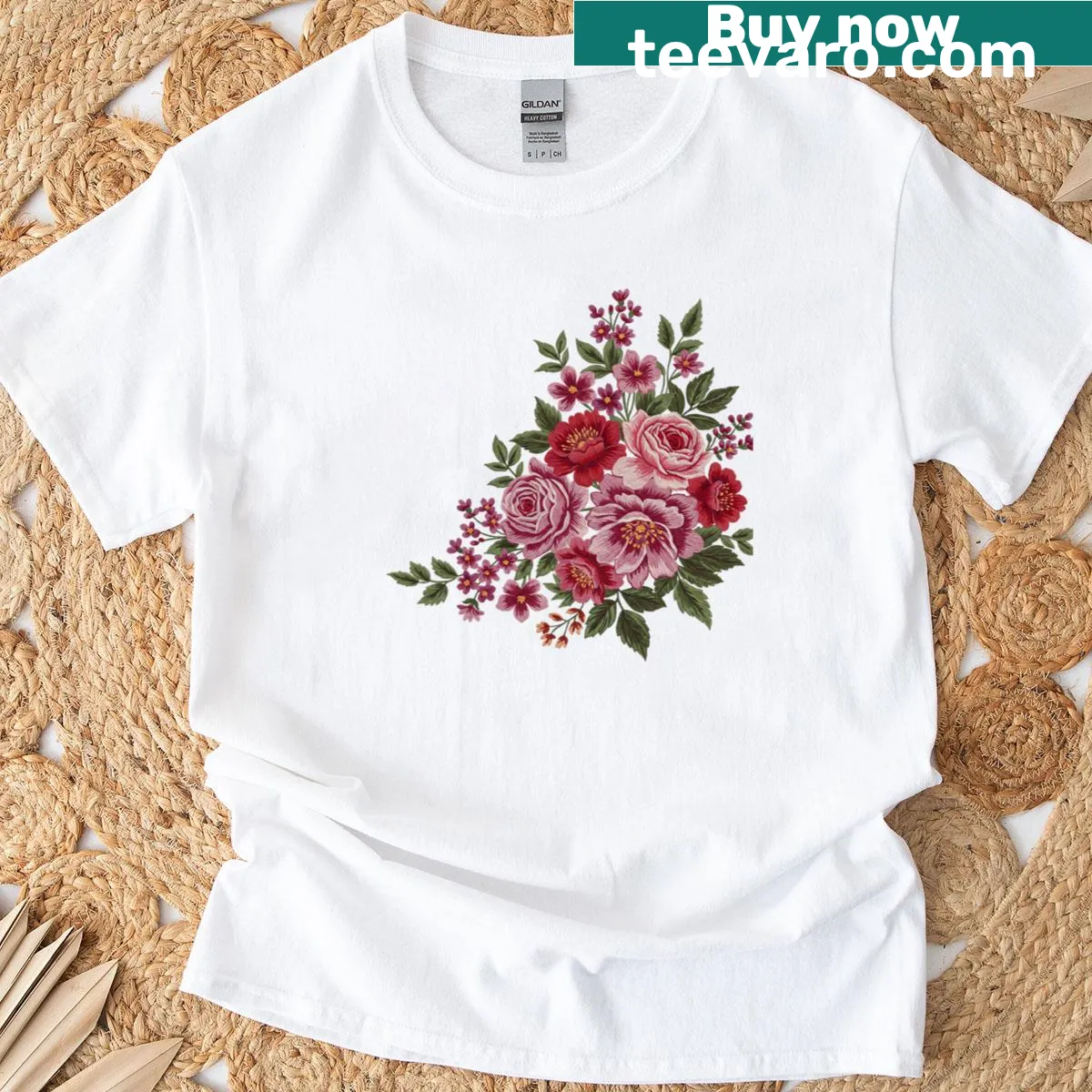 Vintage cottage t-shirt with floral design and cottage illustration — on a men's t-shirt