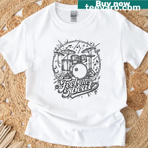 Vintage drumming t-shirt with bold text and graphic design