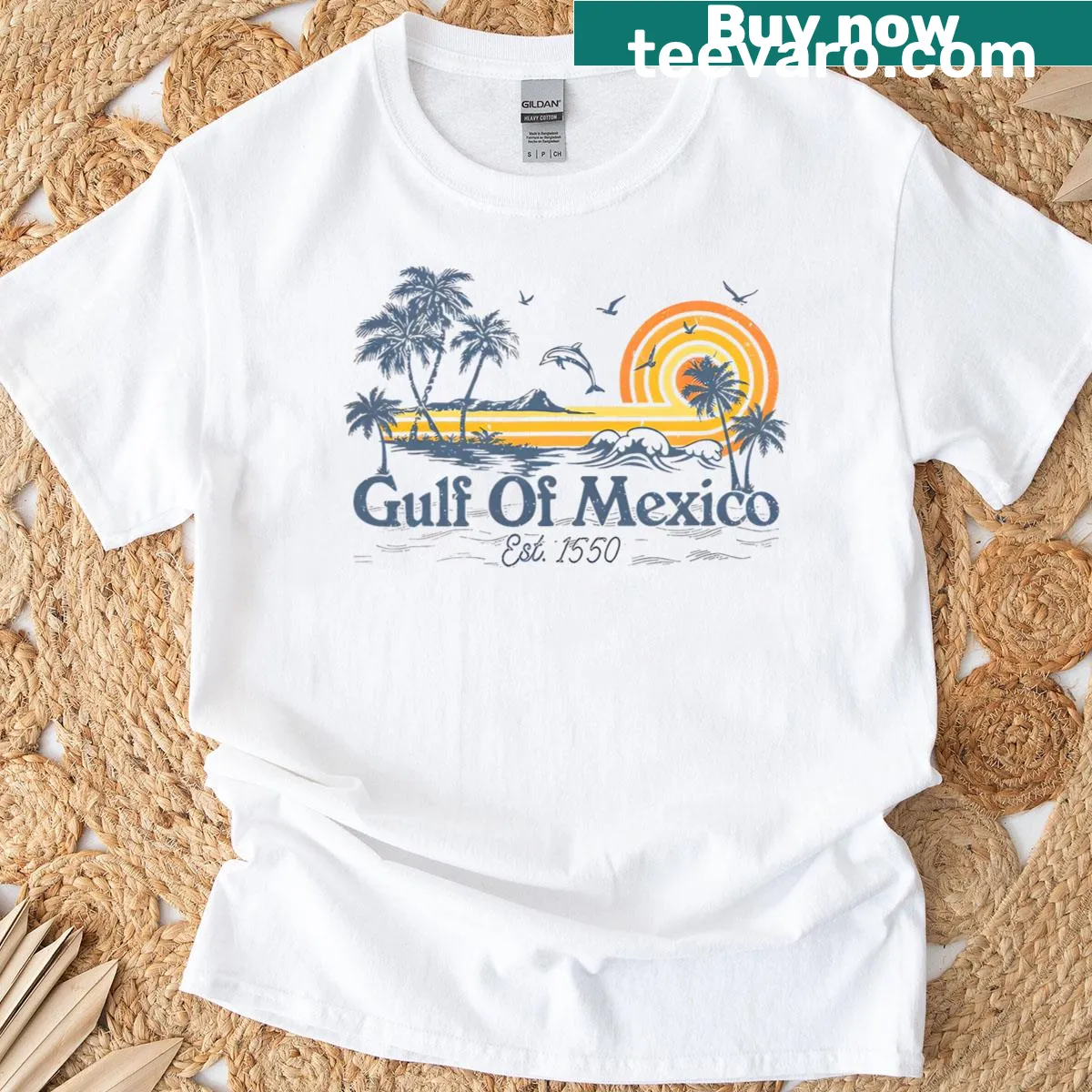 Vintage t-shirt with Gulf of Mexico Est 1550 graphic — on a men's t-shirt