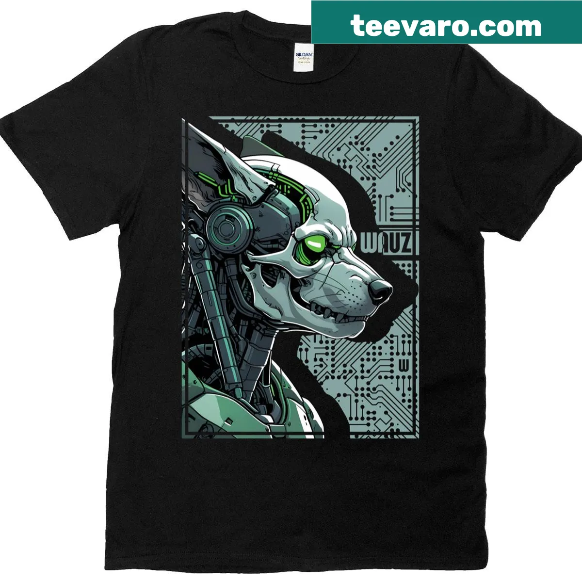 Cyberpunk half dog with neon green skull graphic t-shirt — on a men's t-shirt