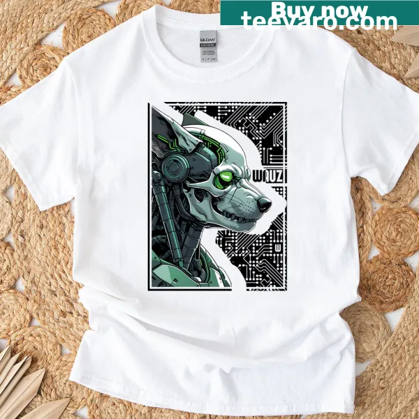 Bold vector art of a cyberpunk half dog with neon green skull T-shirt