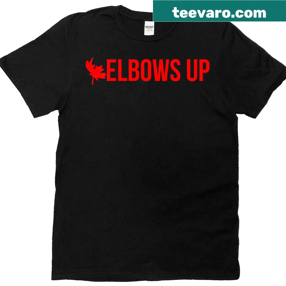 Proud Canadian V-neck T-shirt with 'Elbows Up Canada' text design. — on a men's t-shirt