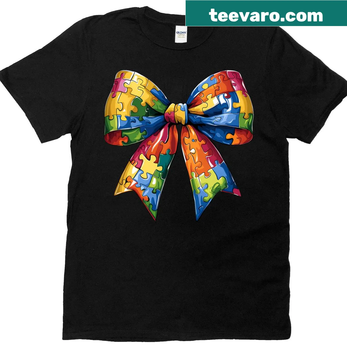 Puzzle design t-shirt for autism awareness with bow graphic — on a men's t-shirt