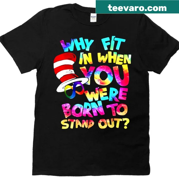 Whimsical Cat in Hat t-shirt with 'Why Fit In' text for autism awareness