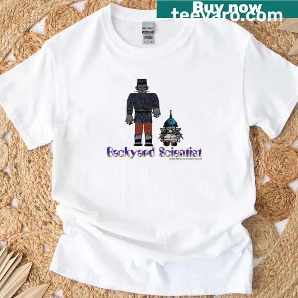 Illustration of lab equipment and nature on Backyard Scientist t-shirt.
