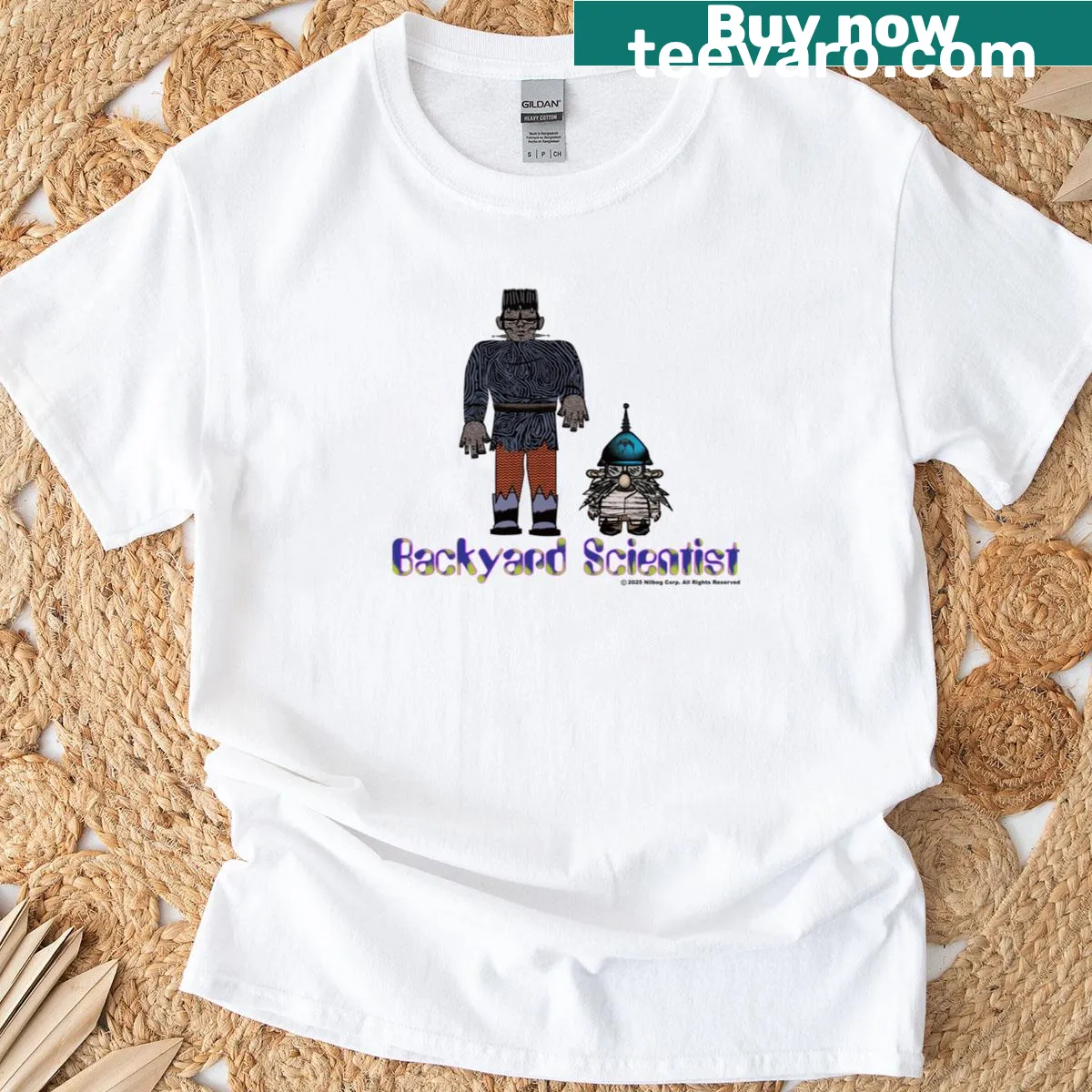 Illustration of lab equipment and nature on Backyard Scientist t-shirt. — on a men's t-shirt