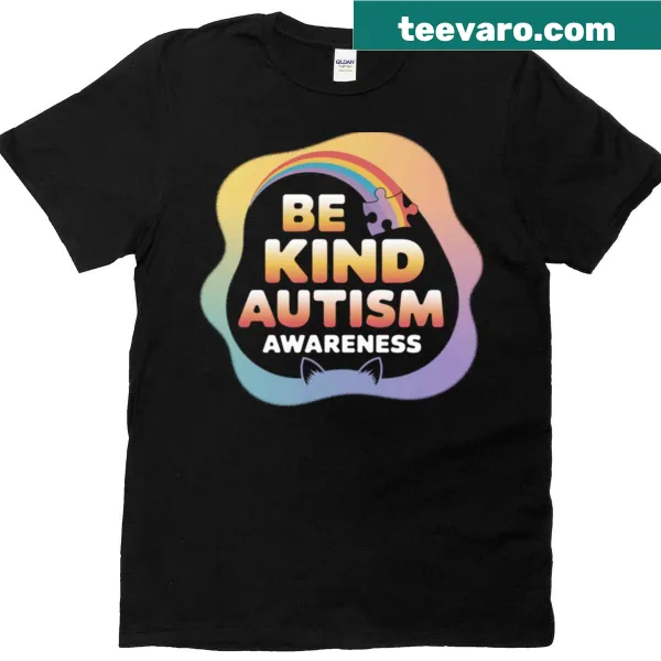 Rainbow cat ears graphic on Be Kind Autism Awareness t-shirt.
