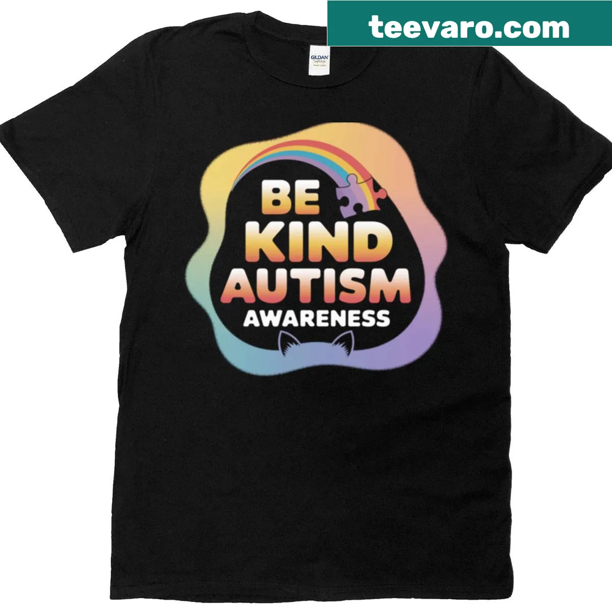 Rainbow cat ears graphic on Be Kind Autism Awareness t-shirt. — on a men's t-shirt