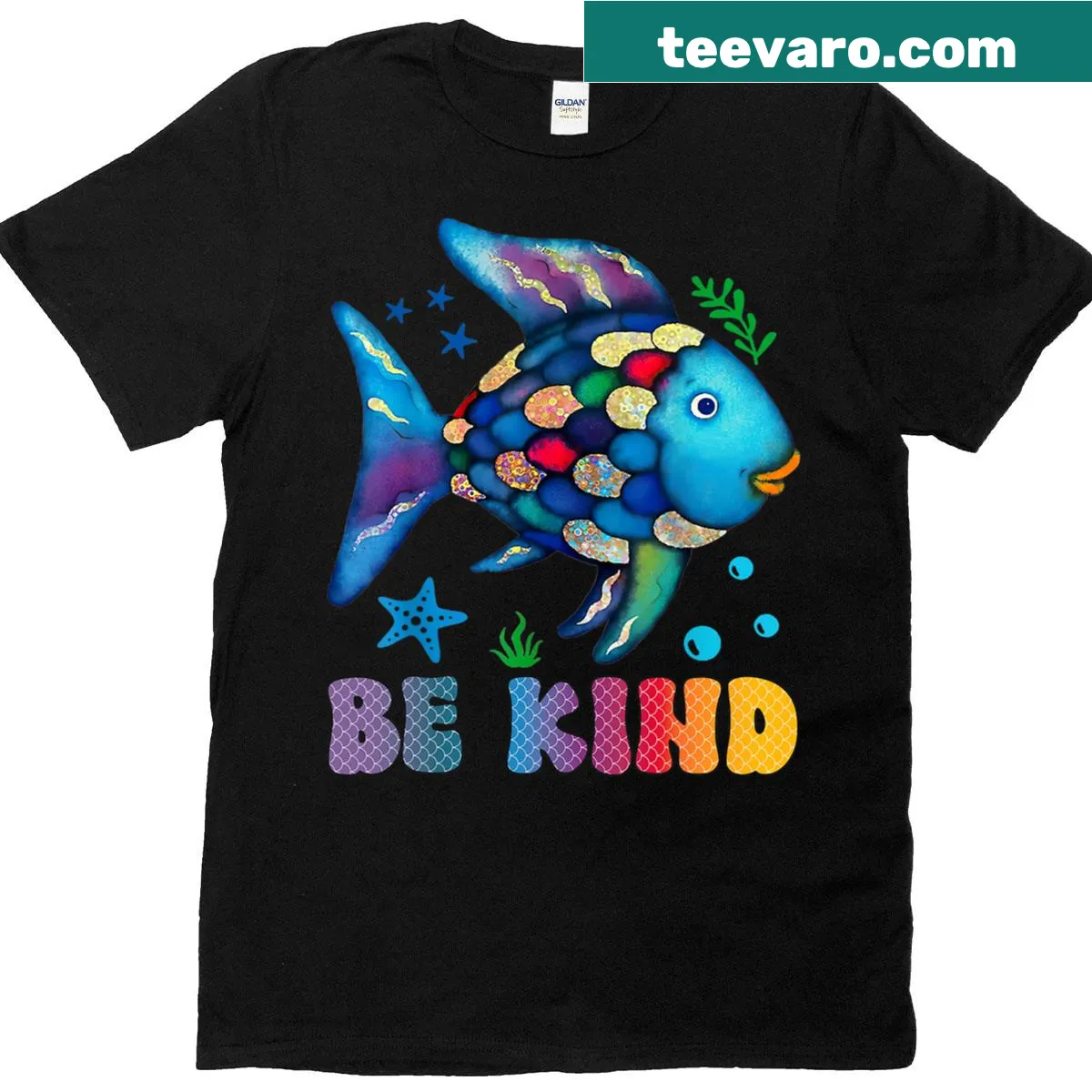 Toddler t-shirt with rainbow fish and book illustration promoting kindness. — on a men's t-shirt
