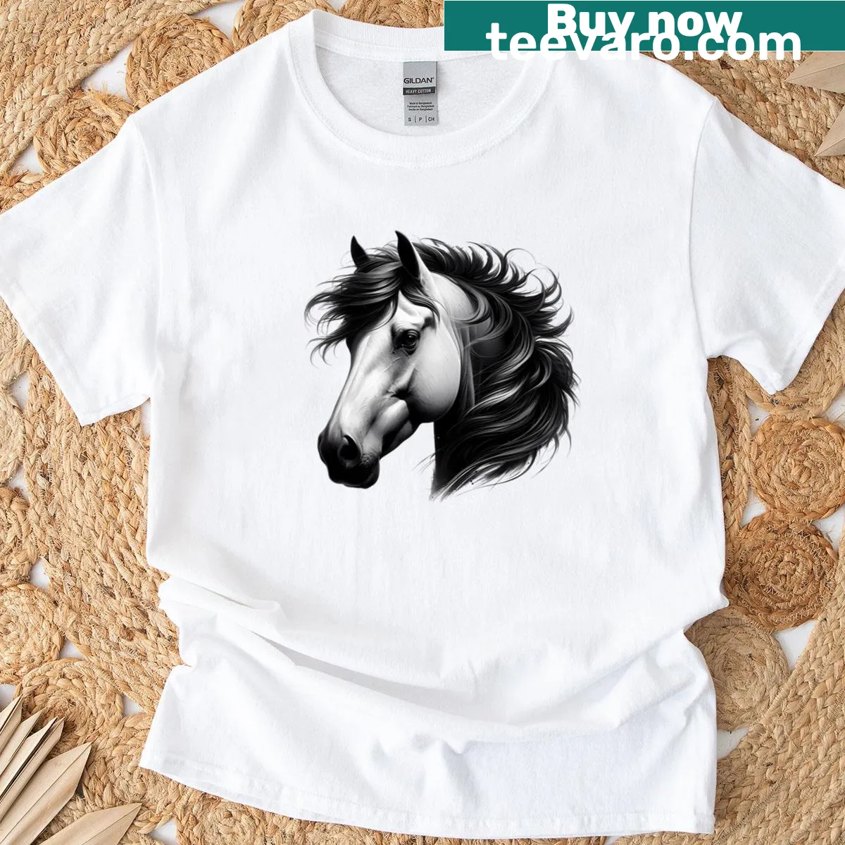 Black and white illustration of a horse's head on t-shirt. — on a men's t-shirt