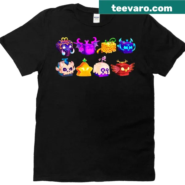 Cartoon-style Blox Fruit design on kid's t-shirt