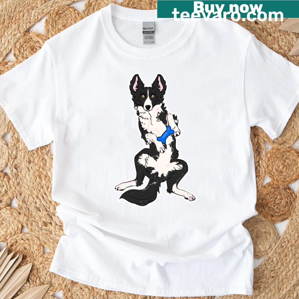 Illustration of a border collie and blue bone on t-shirt. — on a men's t-shirt