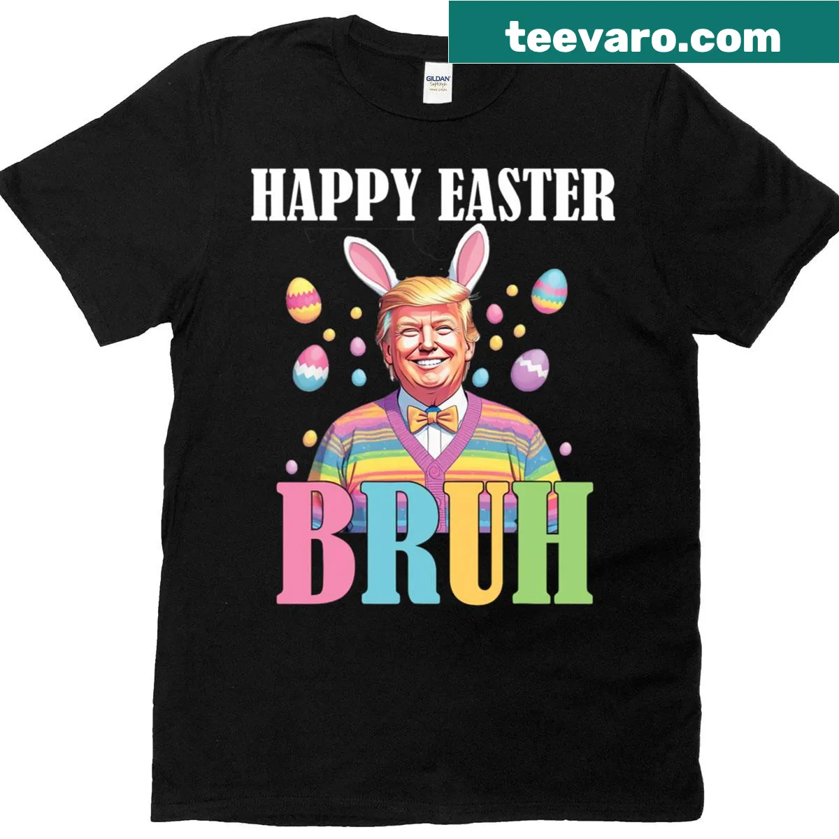 Funny Easter T-shirt with cartoon bunny and Bruh text — on a men's t-shirt