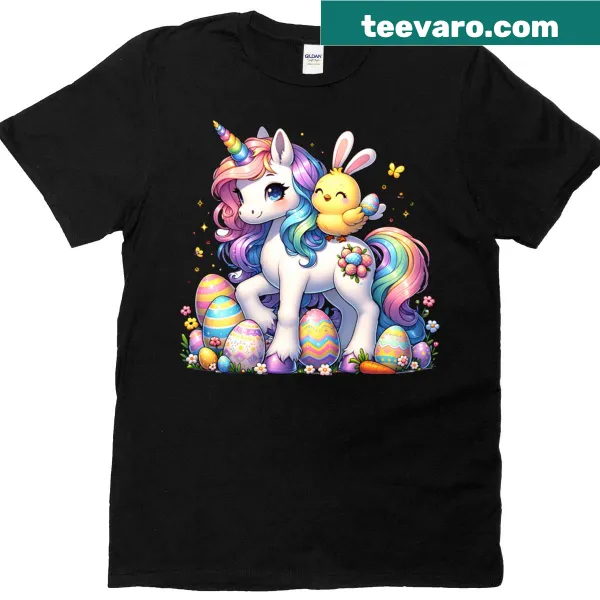Playful Easter T-shirt with bunny, chick, and unicorn egg hunting