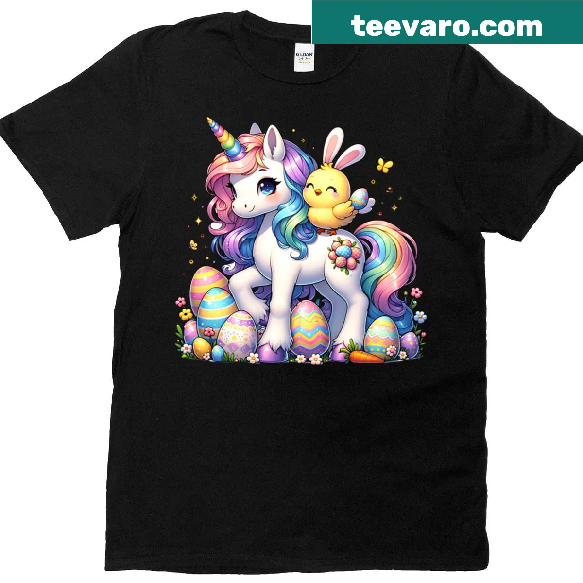 Playful Easter T-shirt with bunny, chick, and unicorn egg hunting — on a men's t-shirt