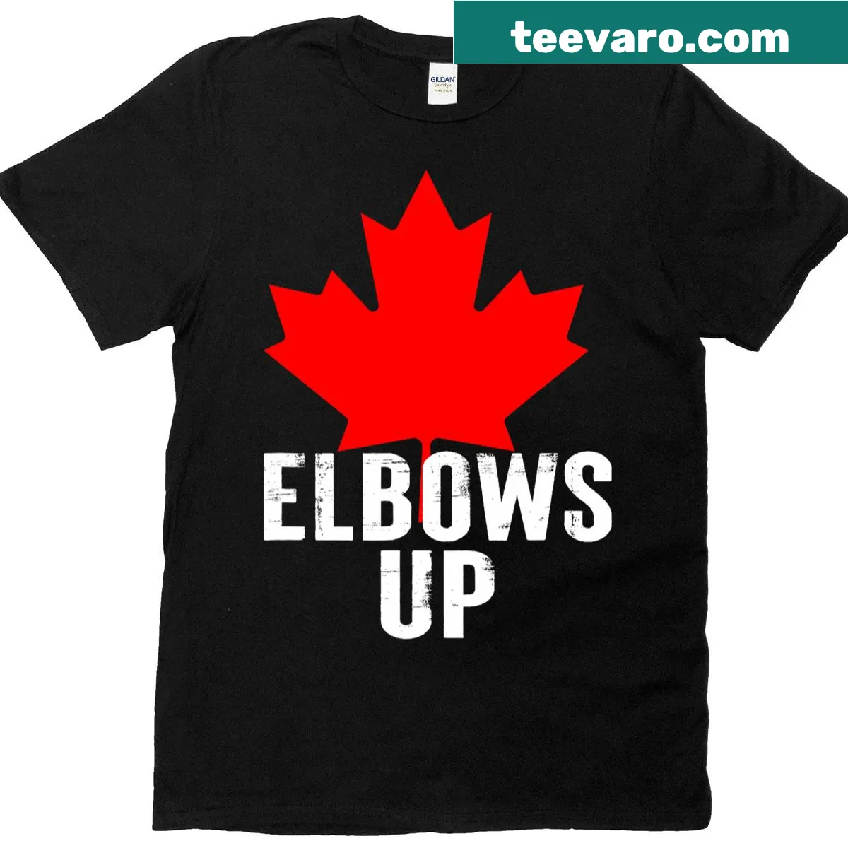 Patriotic t-shirt featuring 'Canada Elbows Up' text design — on a men's t-shirt