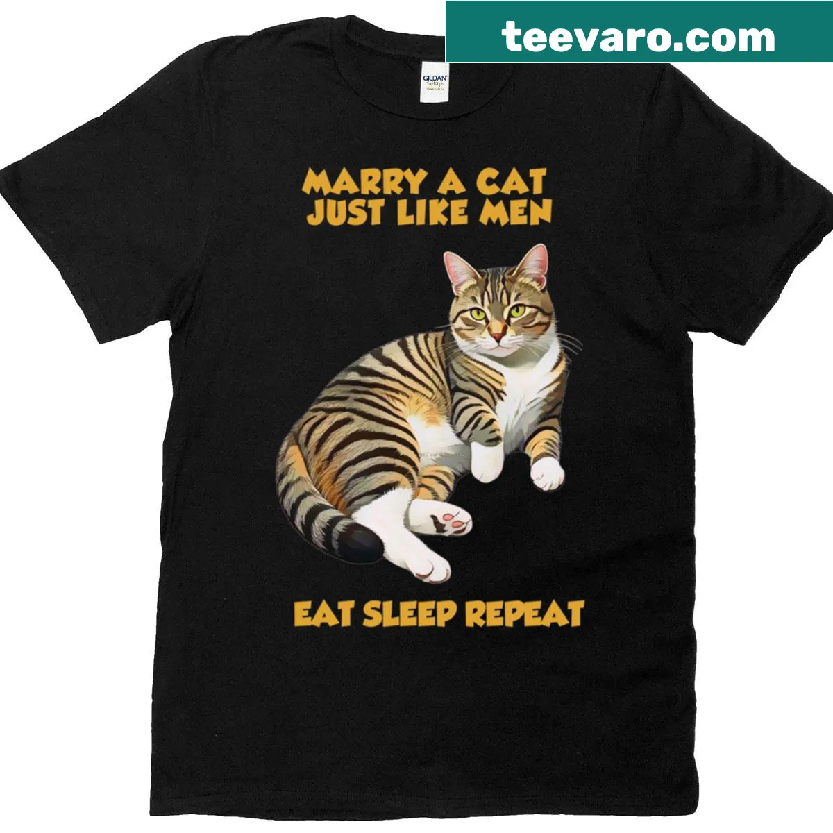 Wholesome t-shirt with 'Cat Marry A Cat' text design — on a men's t-shirt
