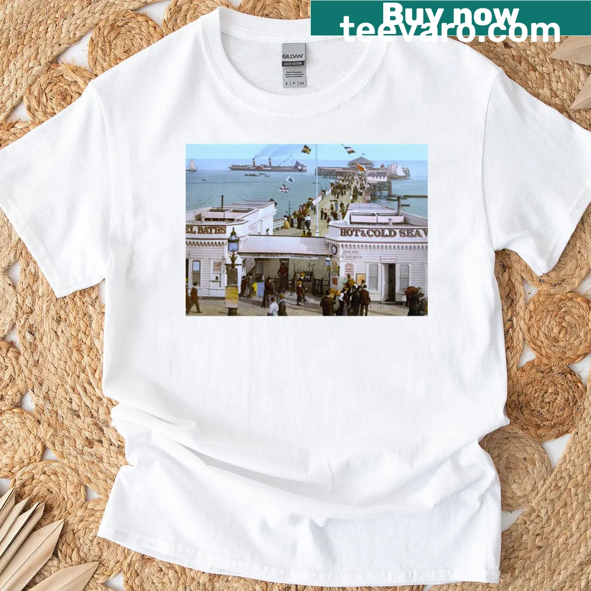 Vintage-style Clacton On Sea Pier illustration T-shirt — on a men's t-shirt