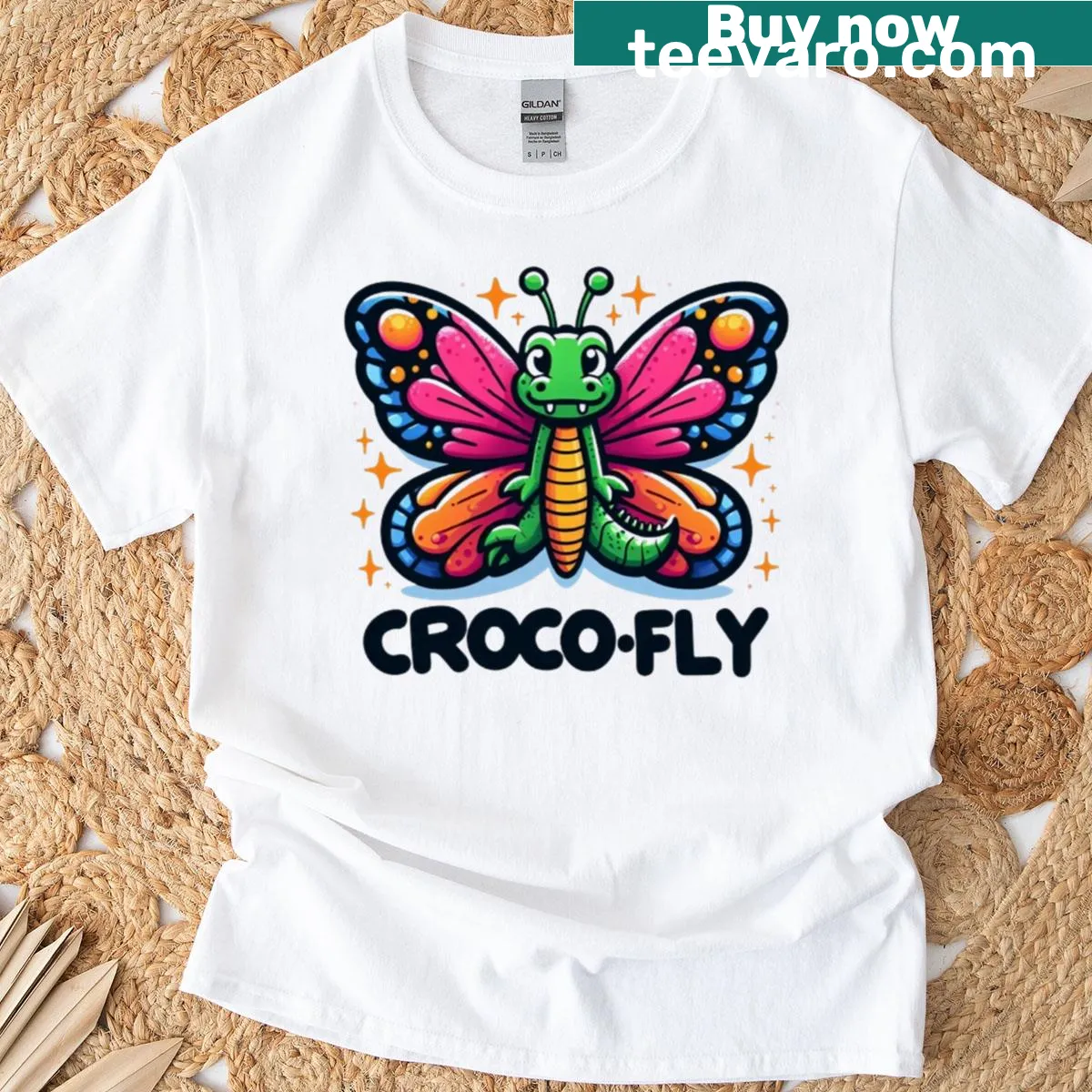 Whimsical illustration combining crocodile and butterfly T-shirt — on a men's t-shirt