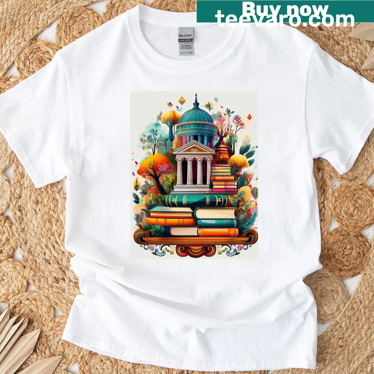 T-shirt with playful illustrations celebrating reading and books — on a men's t-shirt