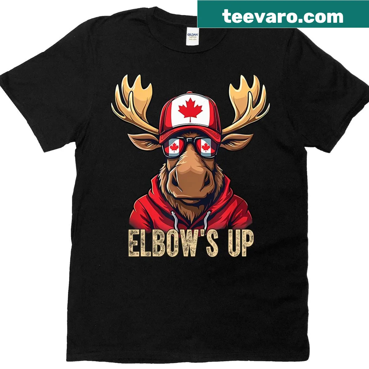 Cartoon moose with sunglasses on Canada T-shirt — on a men's t-shirt