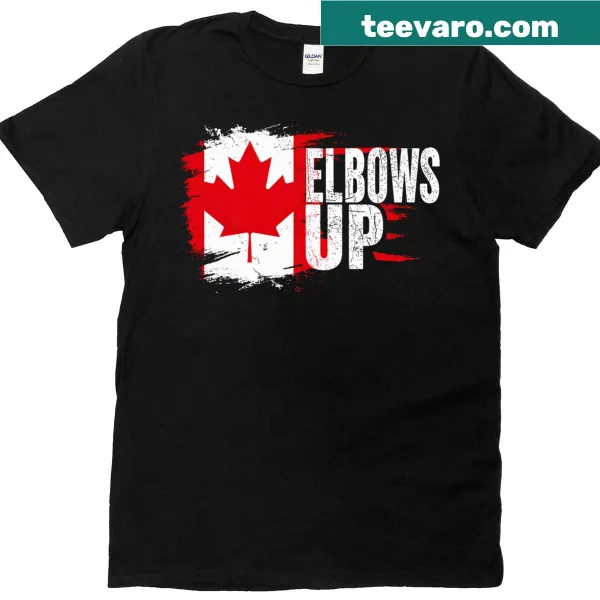 Canadian flag T-shirt with 'Elbows Up' text design