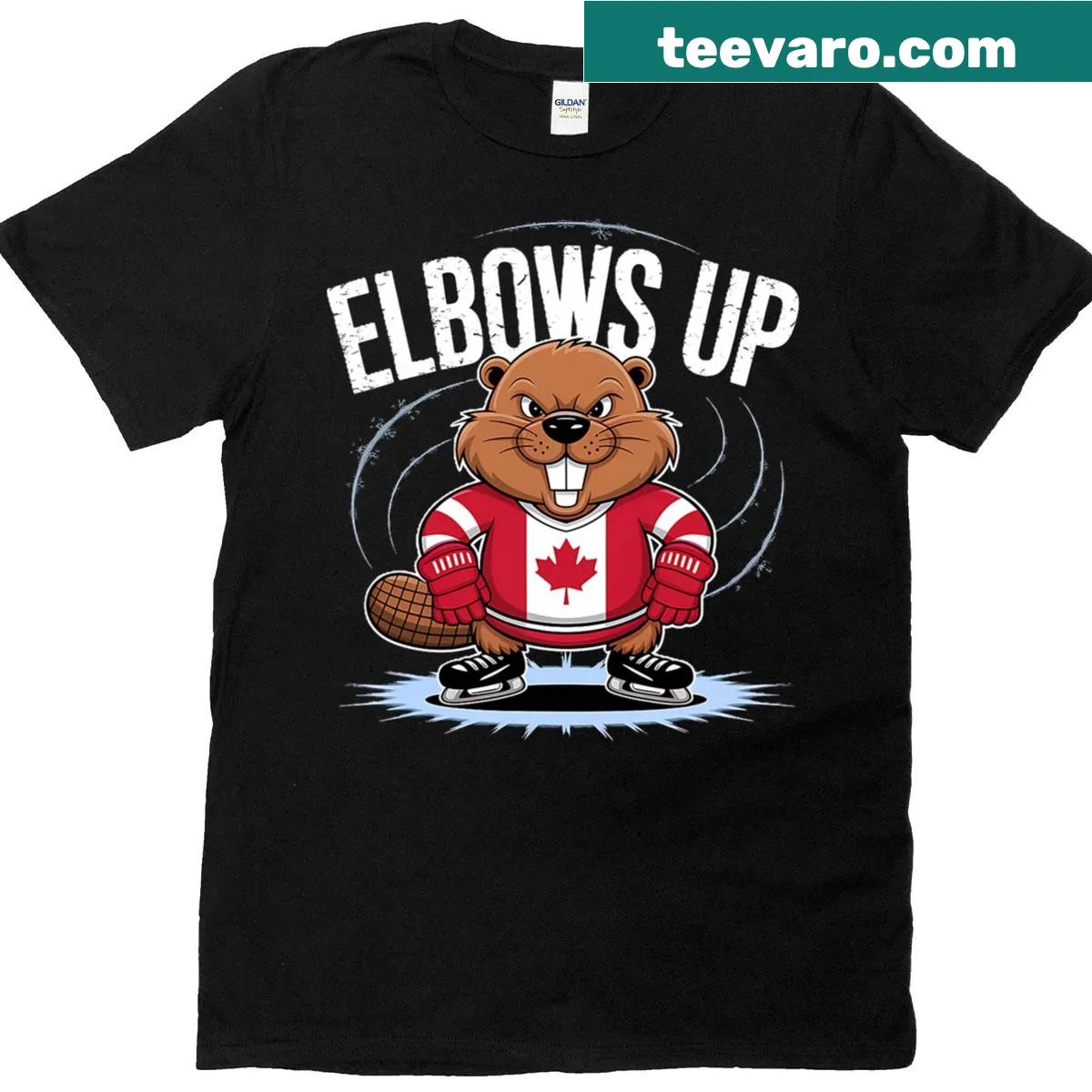 Ice hockey themed T-shirt with 'Elbows Up' text design — on a men's t-shirt