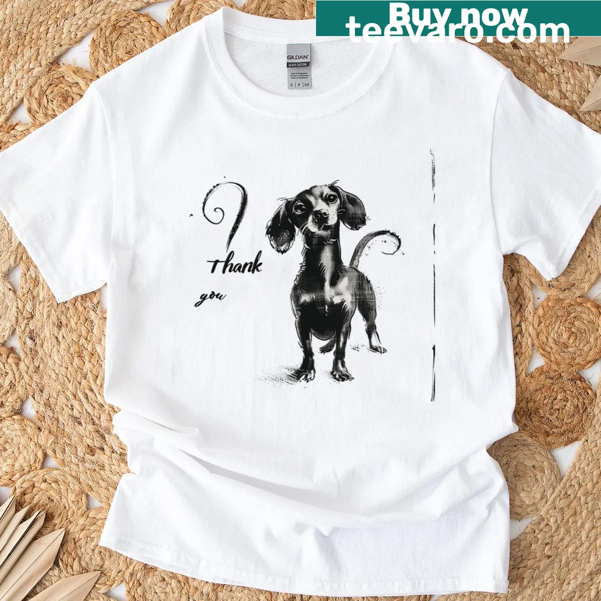 Monochrome dachshund illustration with a thank you message on a t-shirt — on a men's t-shirt