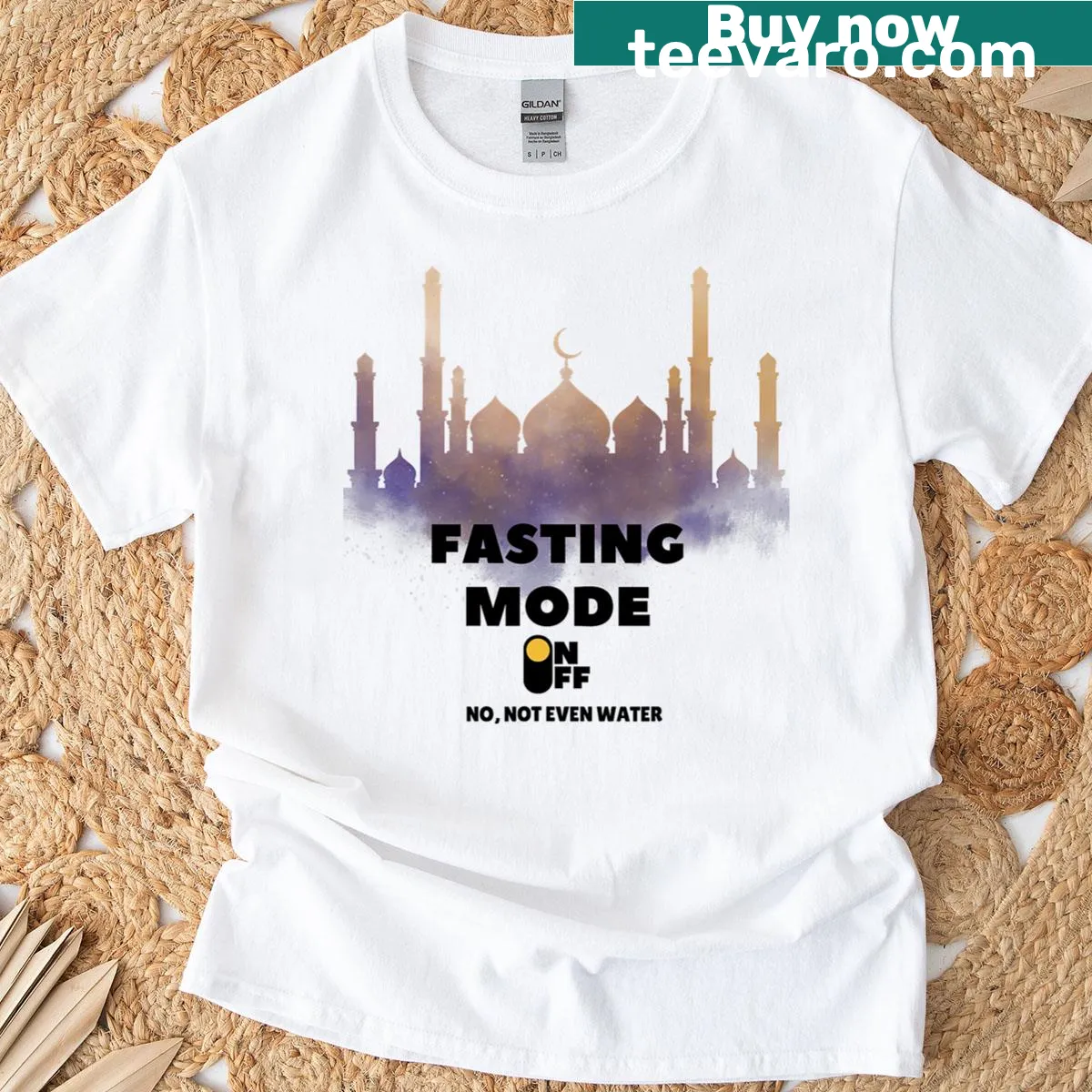 T-shirt with 'Fasting Mode On Not Even Water' Ramadan text — on a men's t-shirt
