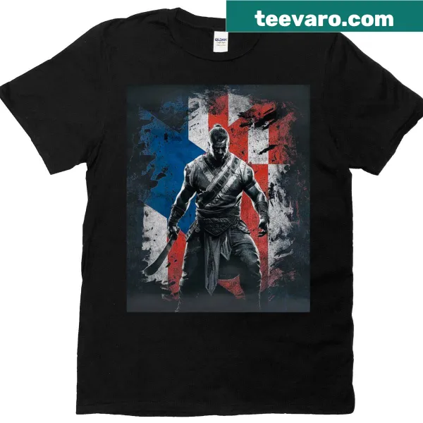 Warrior T-shirt with fierce graphic and grunge flag design