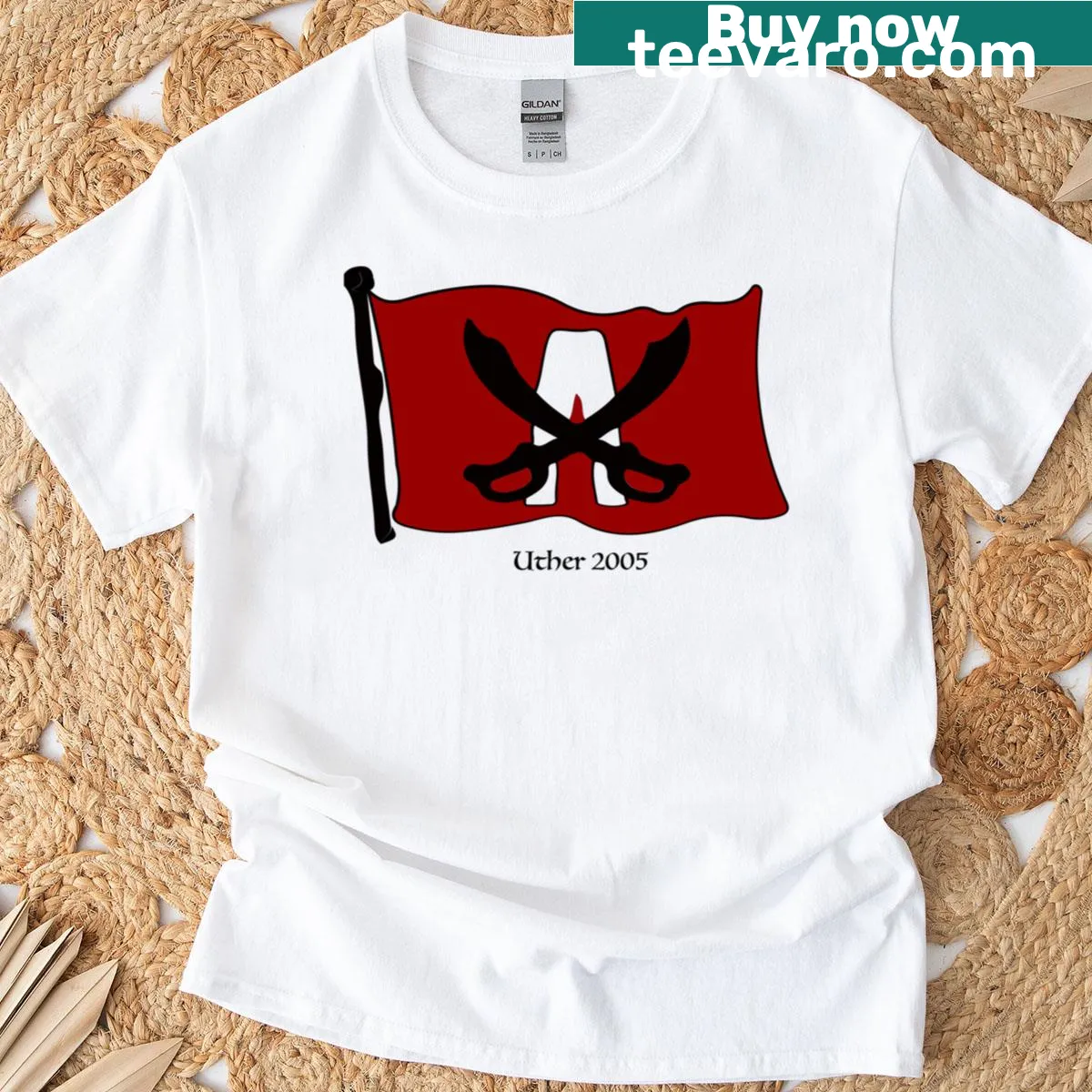 Minimalist T-shirt with a flag and Yearserver text — on a men's t-shirt