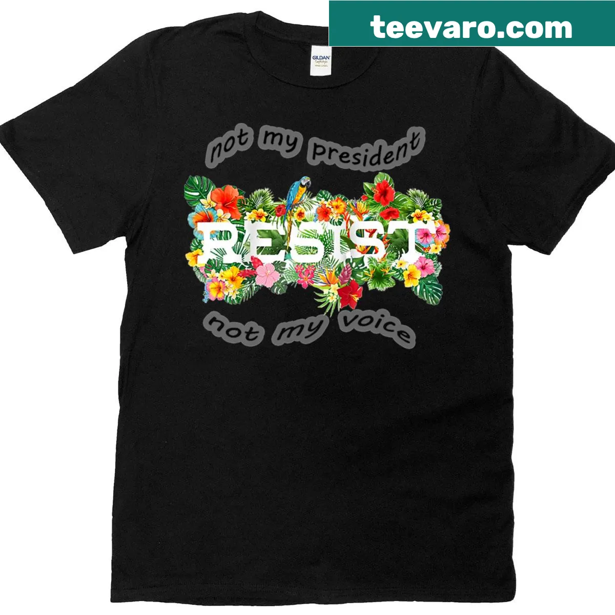 Floral illustration T-shirt with Resist Not My President text — on a men's t-shirt